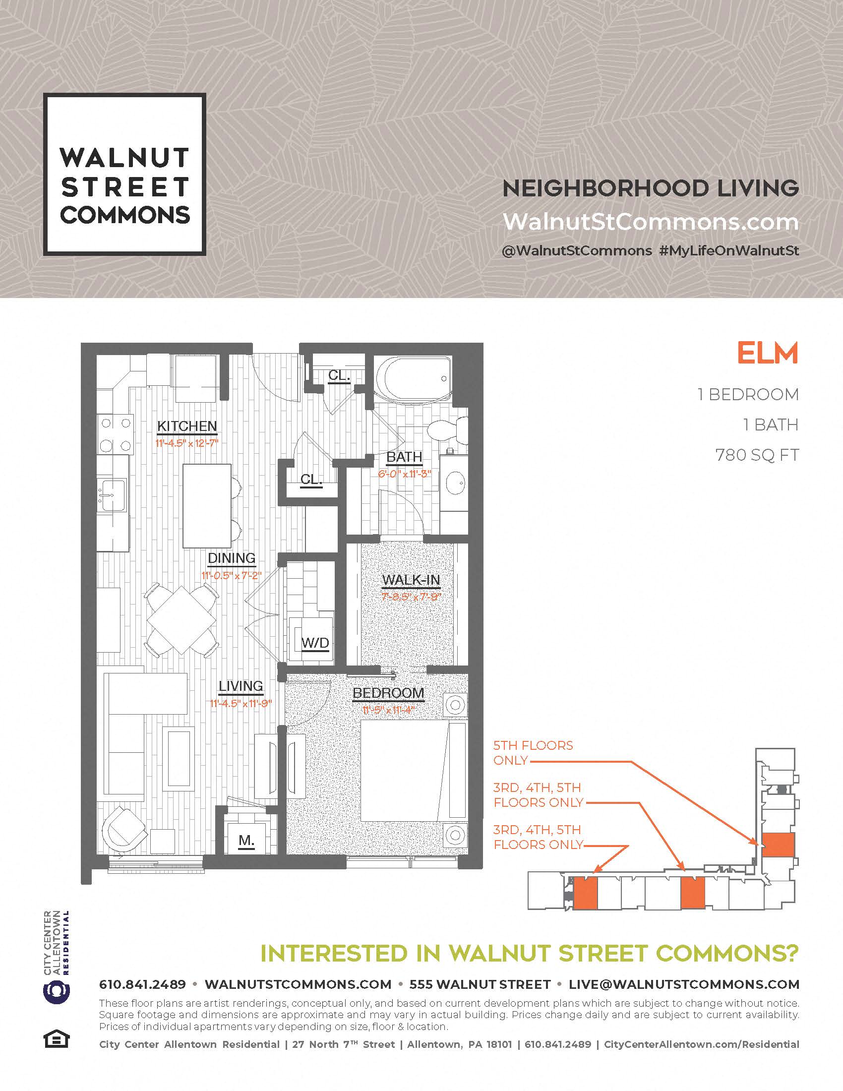Floor plan for 1 bed, 1 bath, 780 sqft